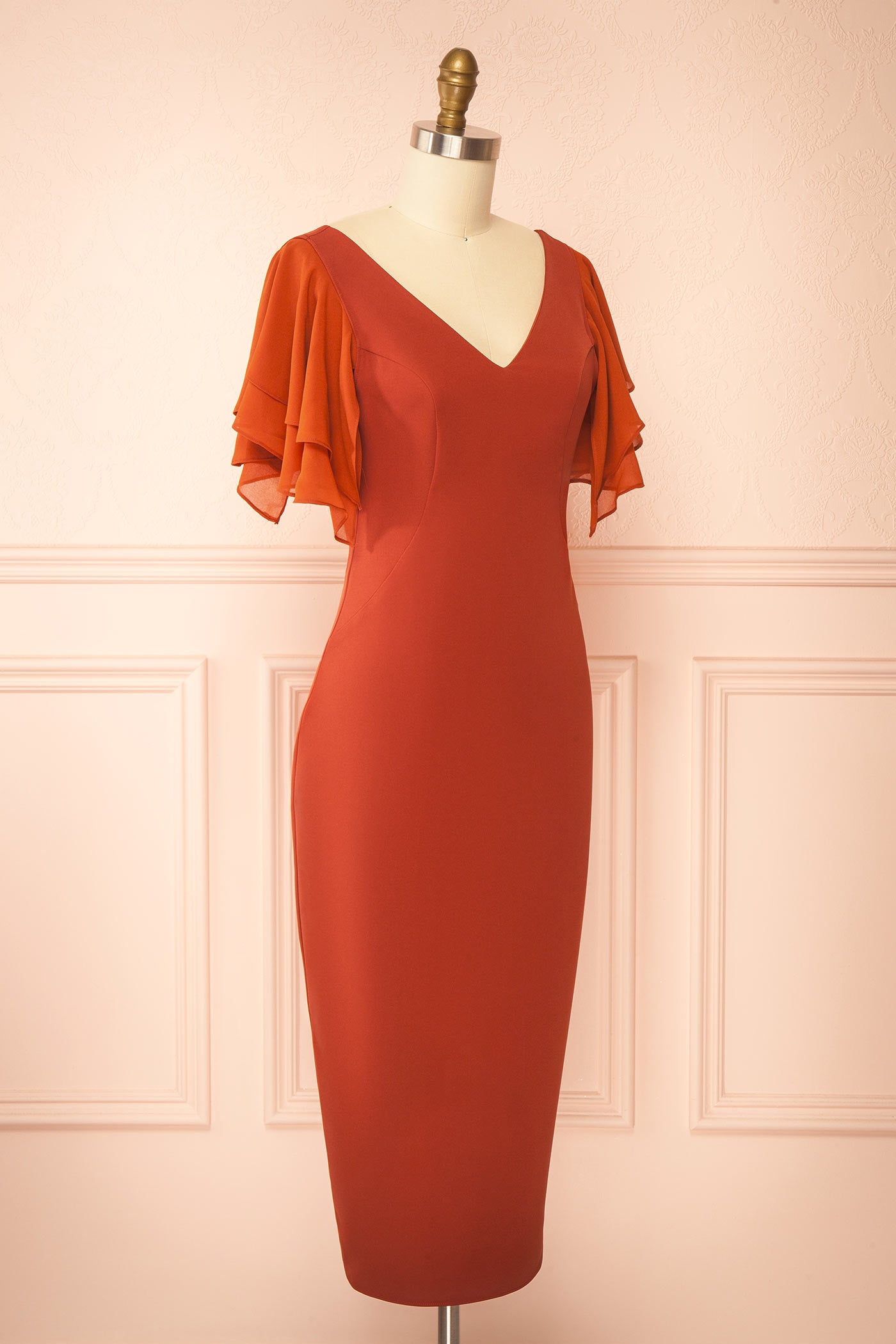Odessy Rust | Midi Dress with V-Neckline by Arti Gogna