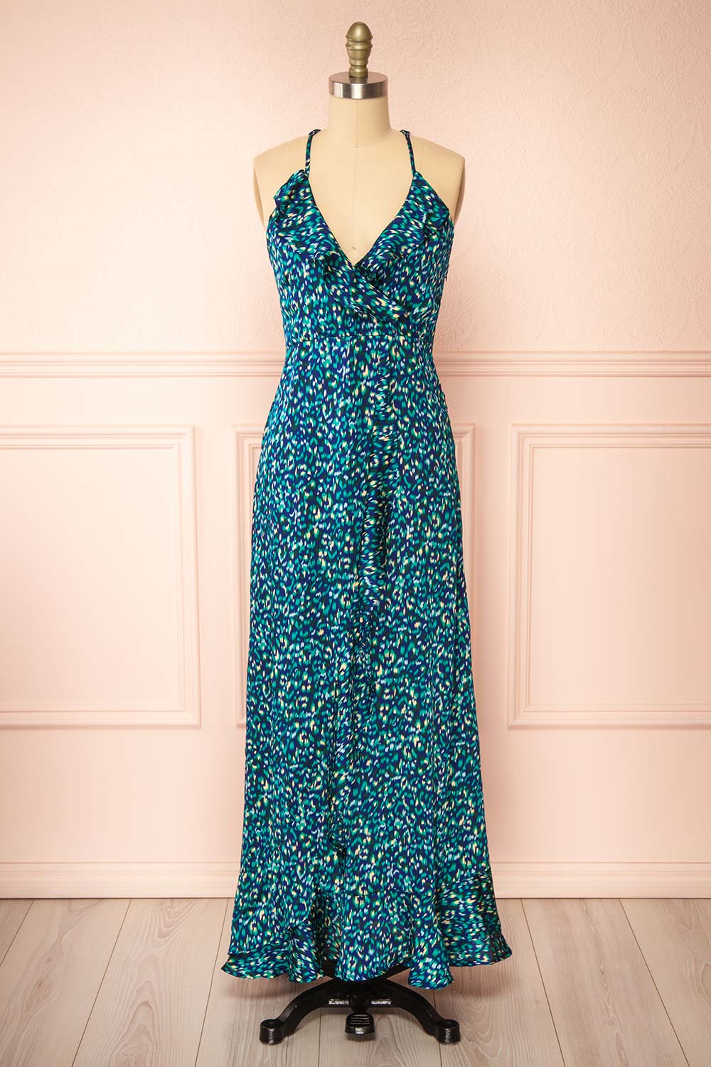 Odile Maxi Blue Pattern Dress w/ Laced Back | Boutique 1861 front view