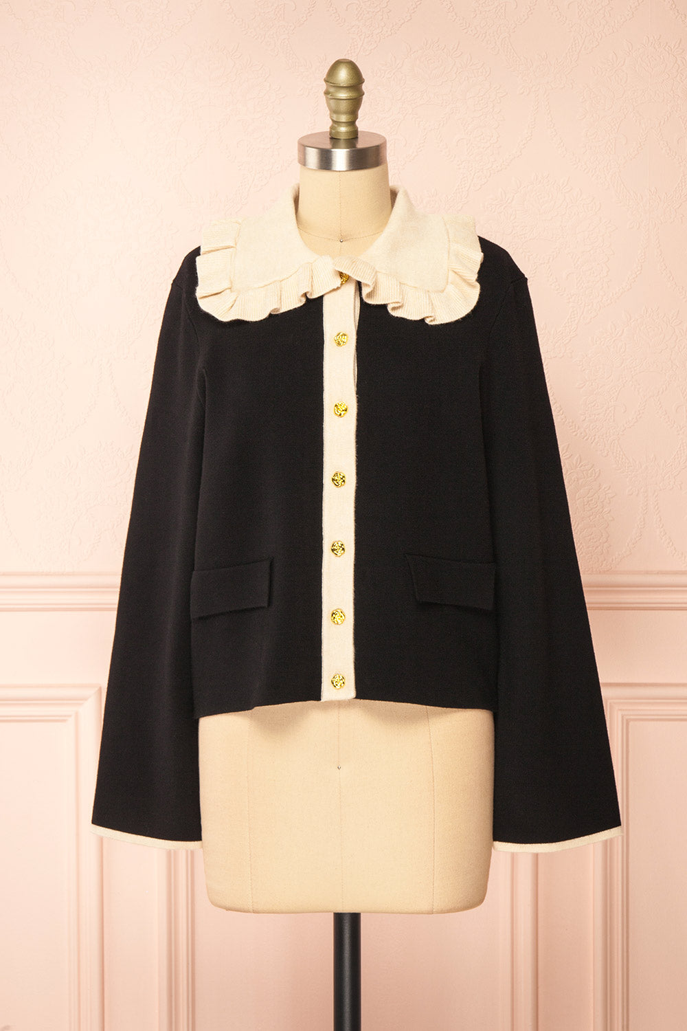 Odilia Black Cardigan w/ Cream Peterpan Collar | Boutique 1861 front view