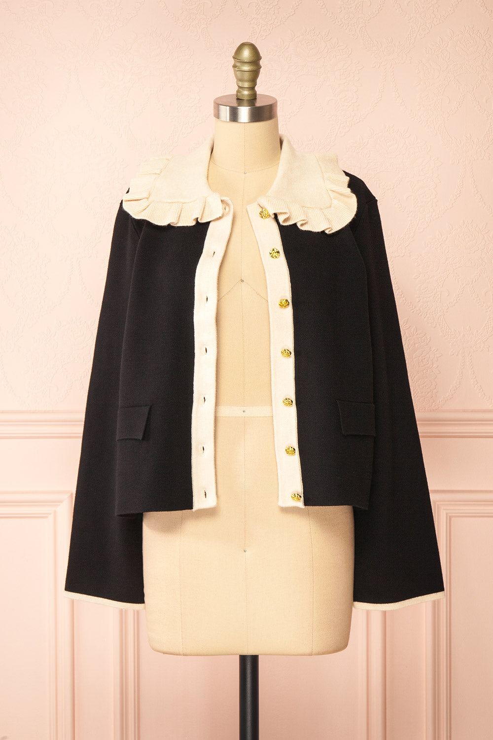 Odilia Black Cardigan w/ Cream Peterpan Collar | Boutique 1861 open view