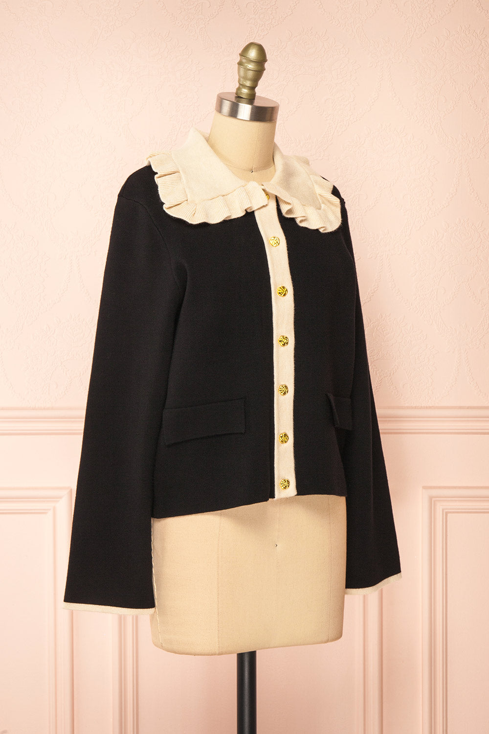 Odilia Black Cardigan w/ Cream Peterpan Collar | Boutique 1861 side view