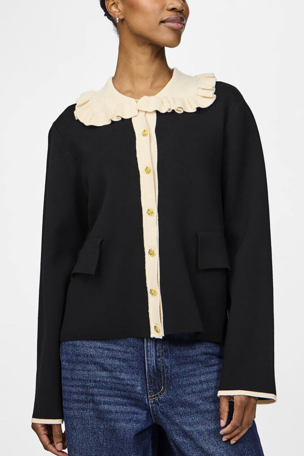 Odilia Black Cardigan w/ Cream Peterpan Collar | Boutique 1861 model