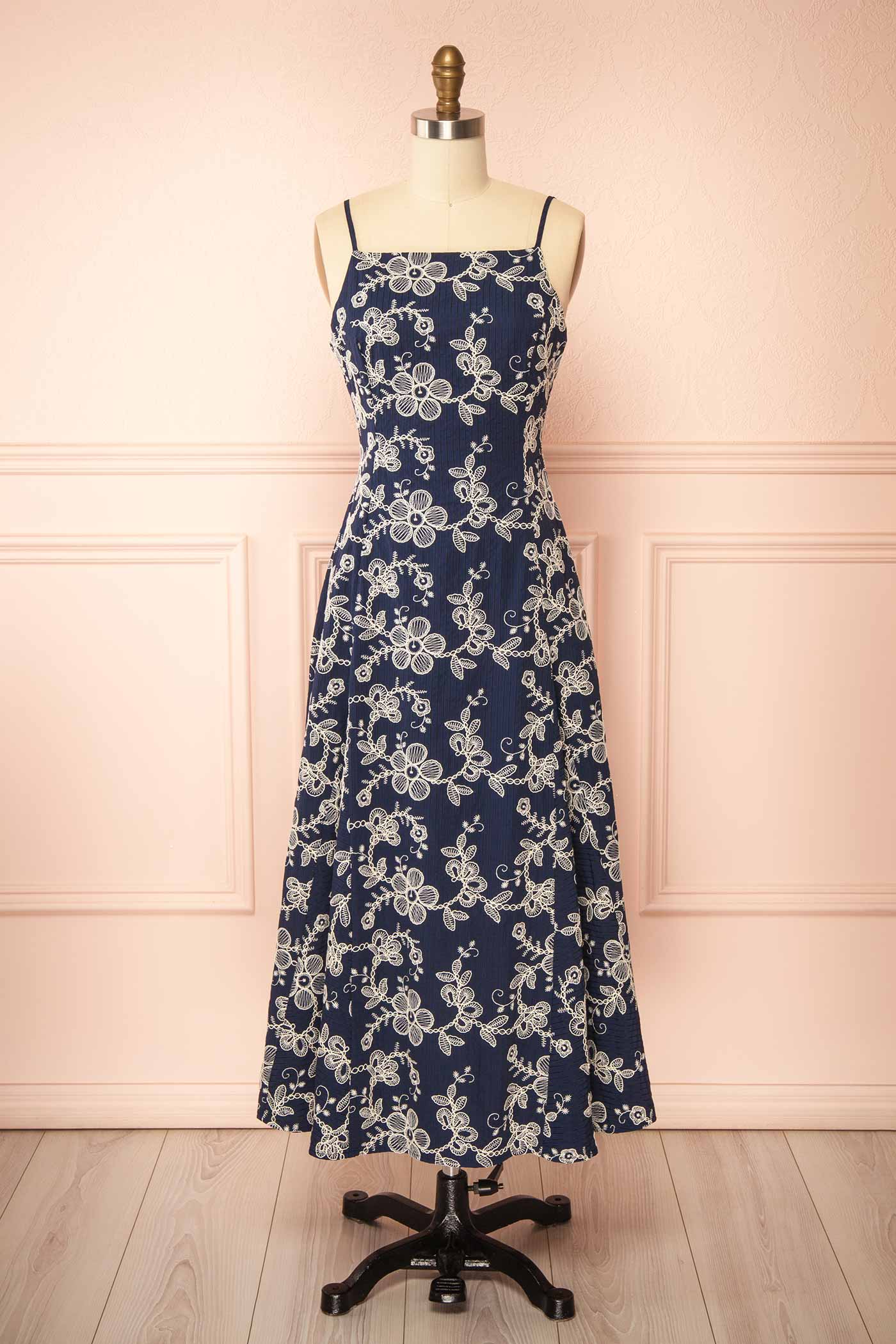 Frontview Oleander Navy Midi Dress with Embroidery at la boutique 1861