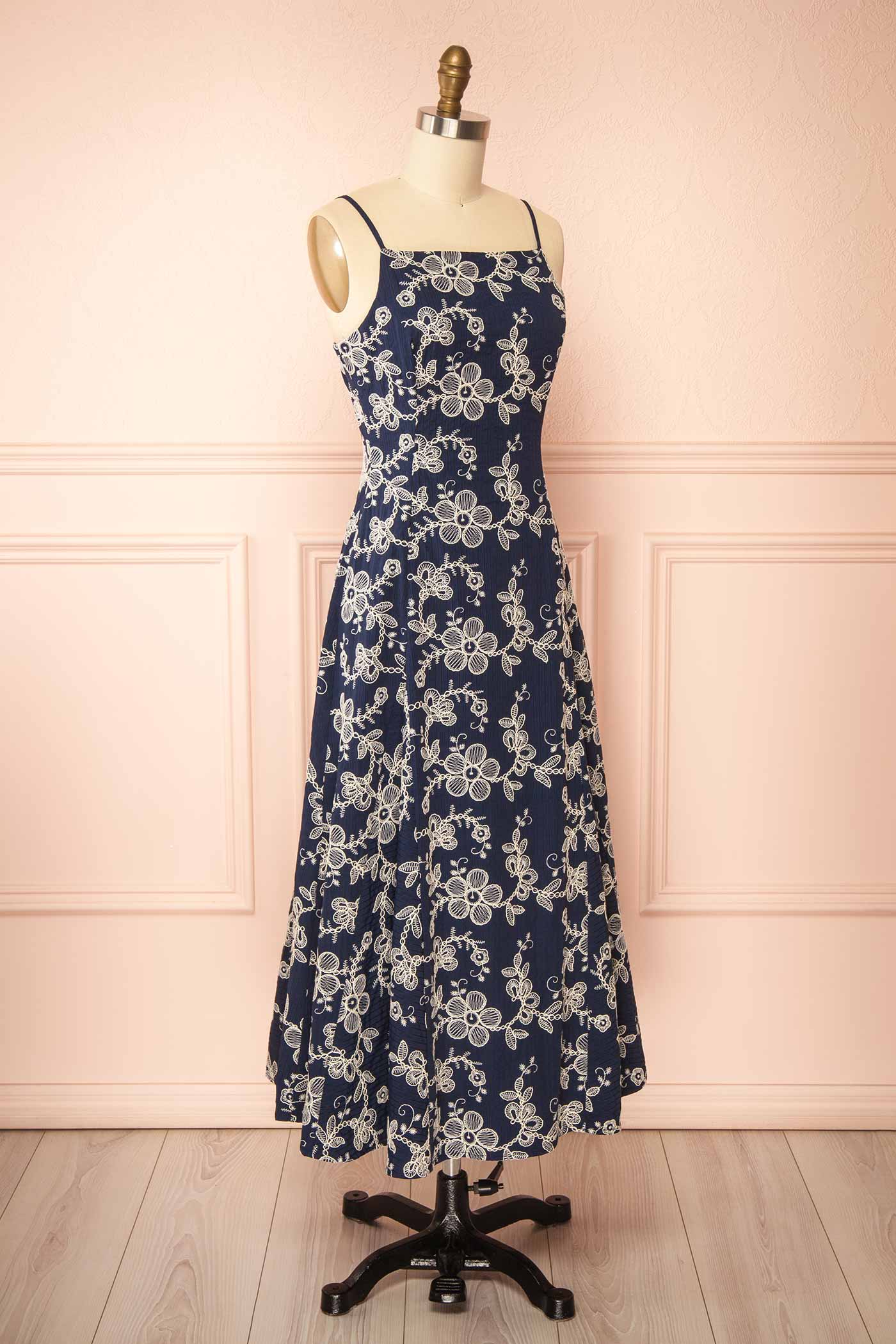 Sideview Oleander Navy Midi Dress with Embroidery at la boutique 1861