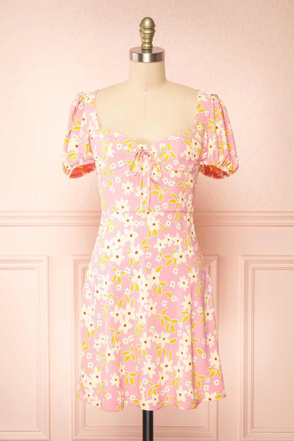 Olga Short Pink Floral Dress w/ Puffy Sleeves | Boutique 1861 front view