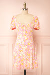 Olga Short Pink Floral Dress w/ Puffy Sleeves | Boutique 1861 front view