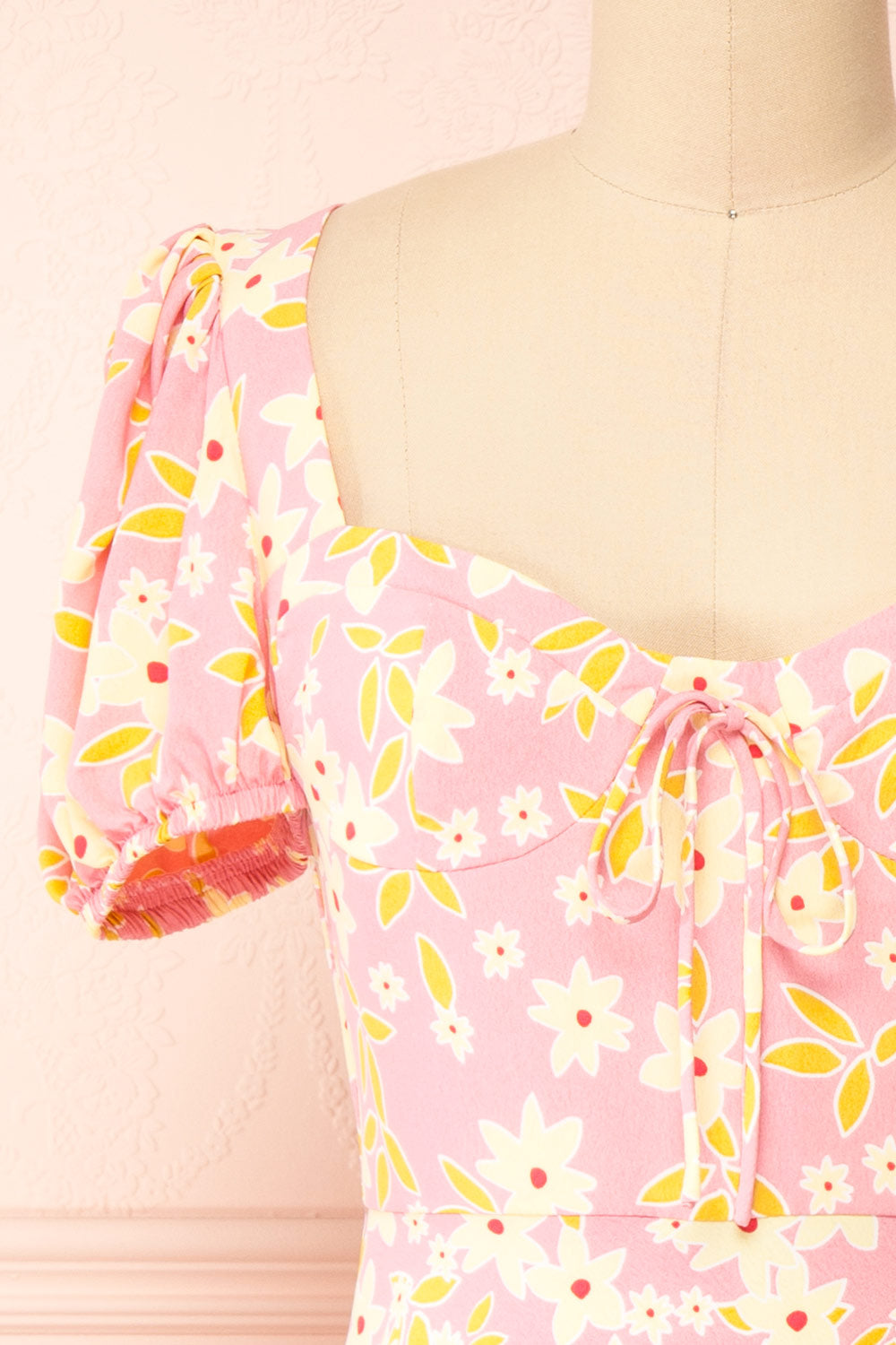 Olga Short Pink Floral Dress w/ Puffy Sleeves