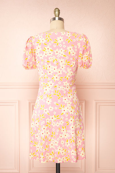 Olga Short Pink Floral Dress w/ Puffy Sleeves | Boutique 1861 back view