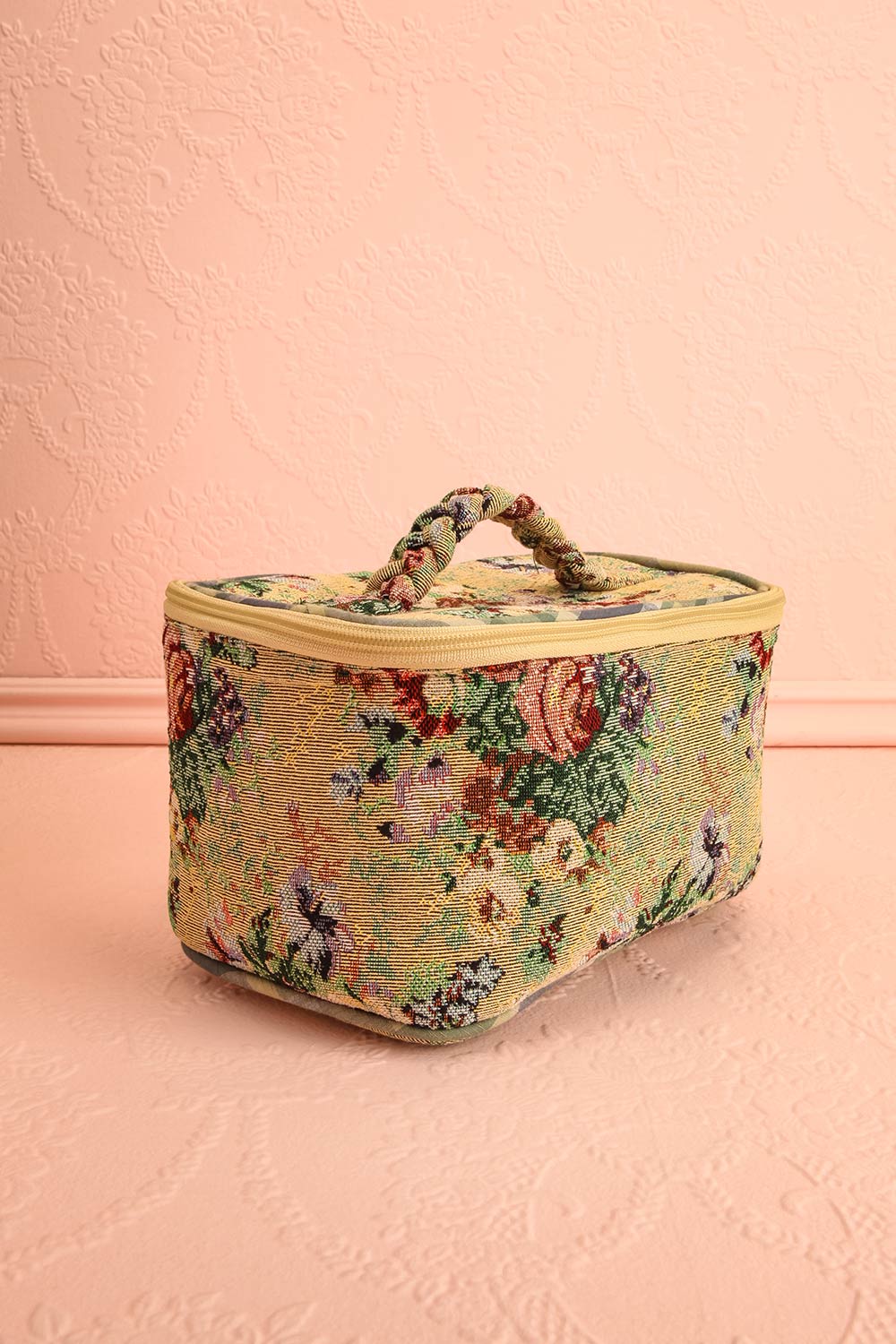 OIivette Beige Floral Jacquard Make-Up Bag | Boutique 1861 side view