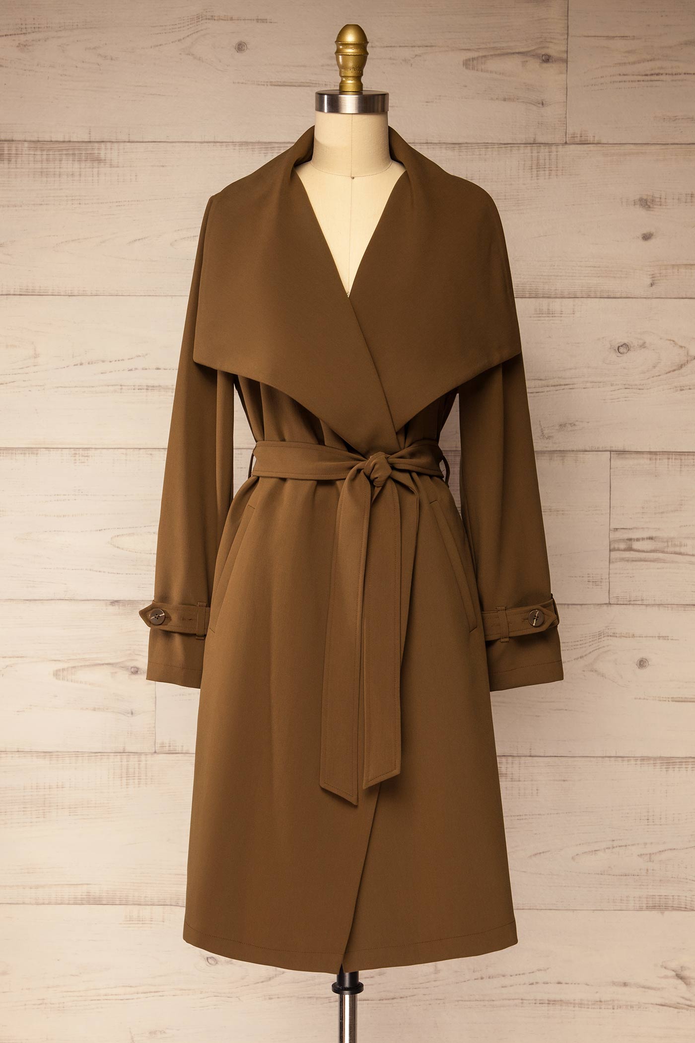 front view of Olyvia Brown Draped Lapel Belted Coat with Pockets at La petite garçonne