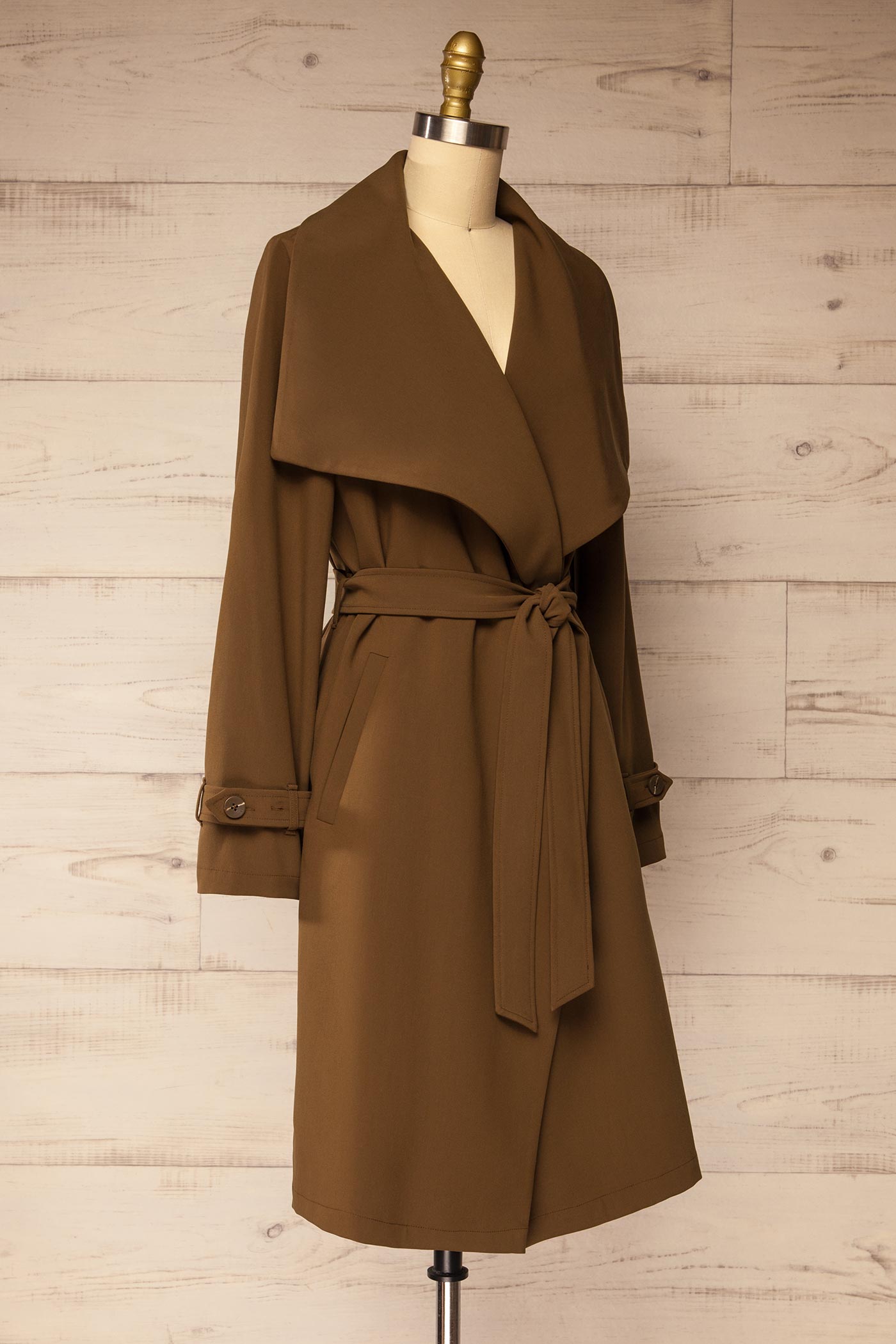 side view of Olyvia Brown Draped Lapel Belted Coat with Pockets at La petite garçonne