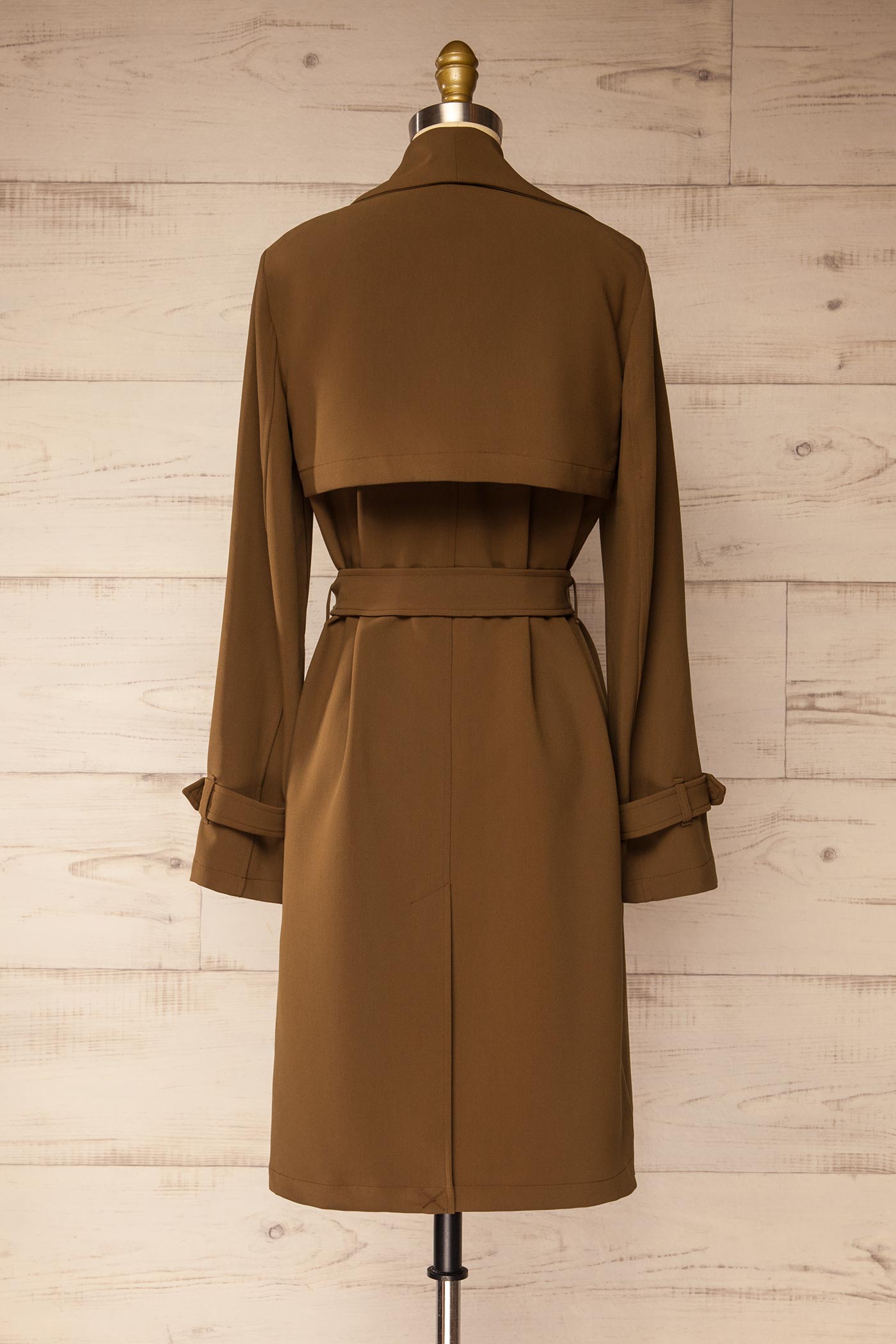 back view of Olyvia Brown Draped Lapel Belted Coat with Pockets at La petite garçonne