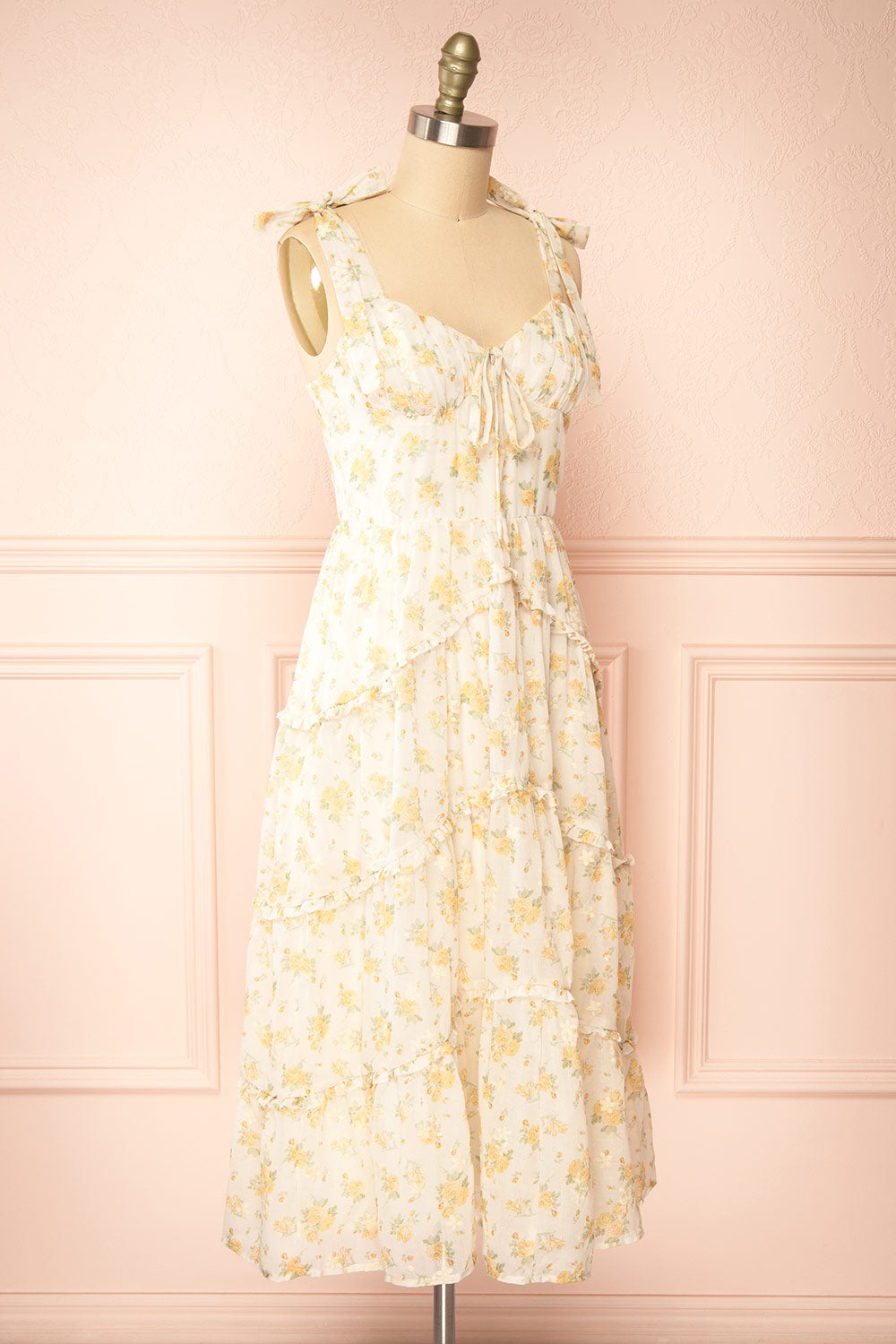 Omelta Ivory Midi Dress w/ Yellow Roses Motif | Boutique 1861 side view