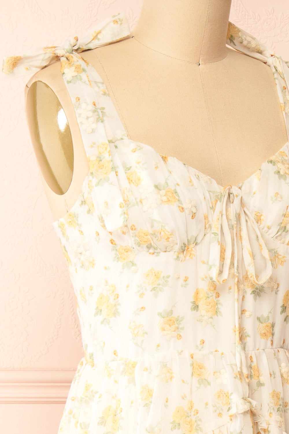 Omelta Ivory Midi Dress w/ Yellow Roses Motif | Boutique 1861 side close-up
