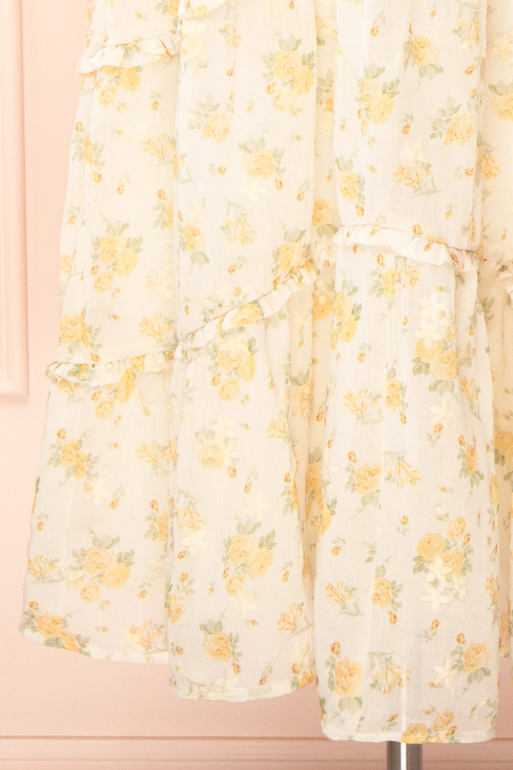 Omelta Ivory Midi Dress w/ Yellow Roses Motif | Boutique 1861 bottom close-up