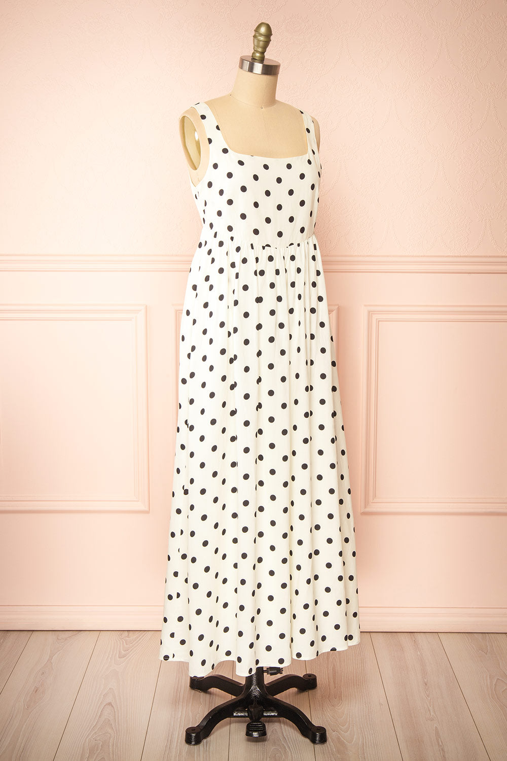 Onomati White Maxi Dress w/ Black Polka Dots | Boutique 1861 side view