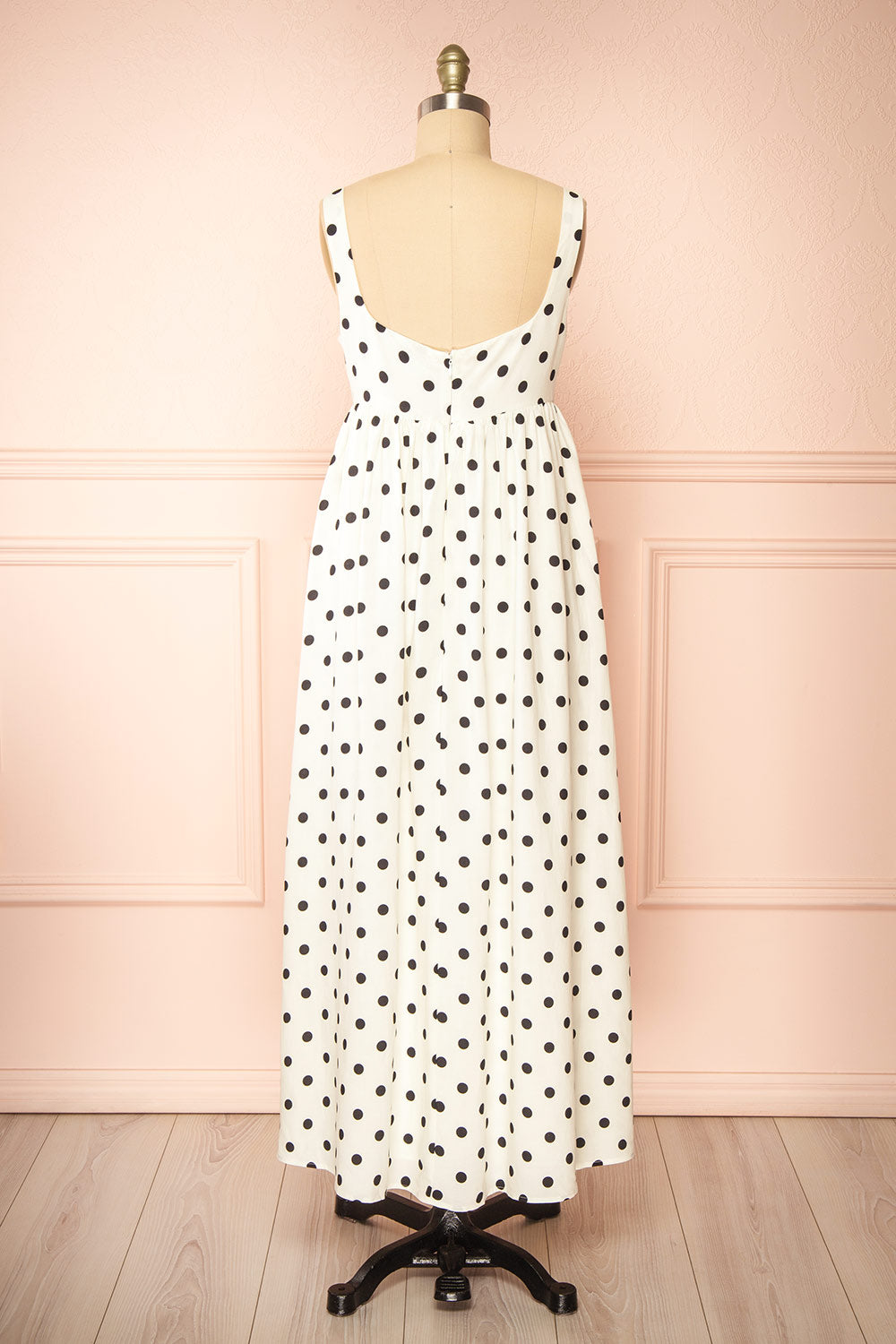 Onomati White Maxi Dress w/ Black Polka Dots | Boutique 1861 back view