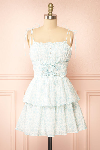 Operetta White Short Dress w/ Floral Pattern | Boutique 1861 front view