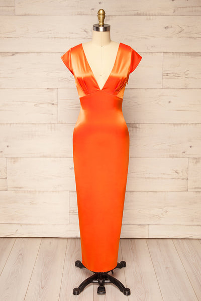 Orabelle Fitted Orange Satin Dress | Boutique 1861 front view