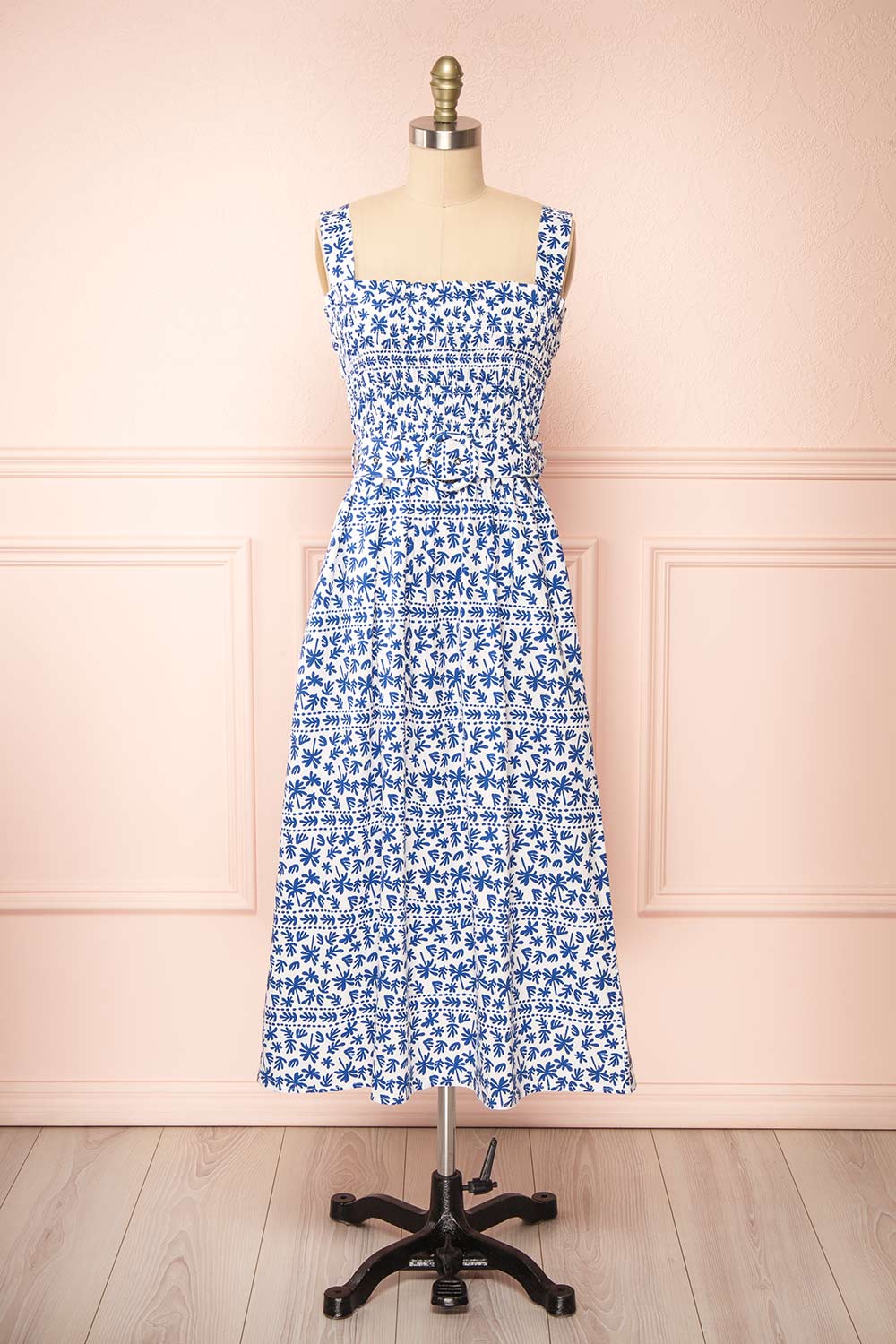 Orbis Midi Patterned Blue Dress w/ Ruched Bust | Boutique 1861 front view