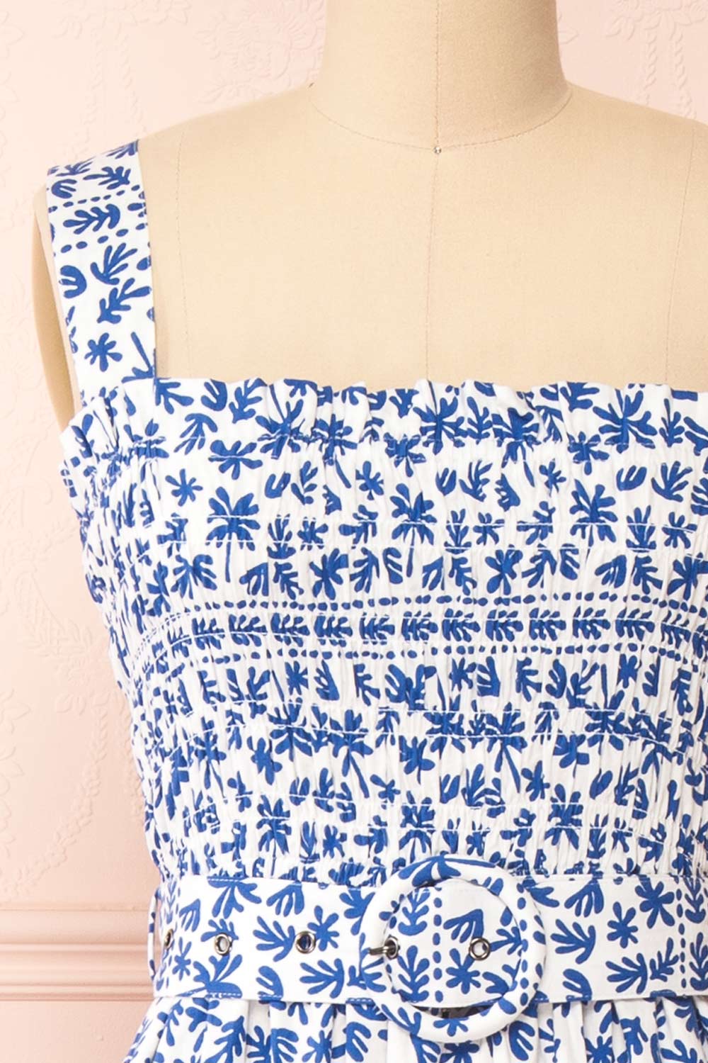 Orbis Midi Patterned Blue Dress w/ Ruched Bust | Boutique 1861 front close-up