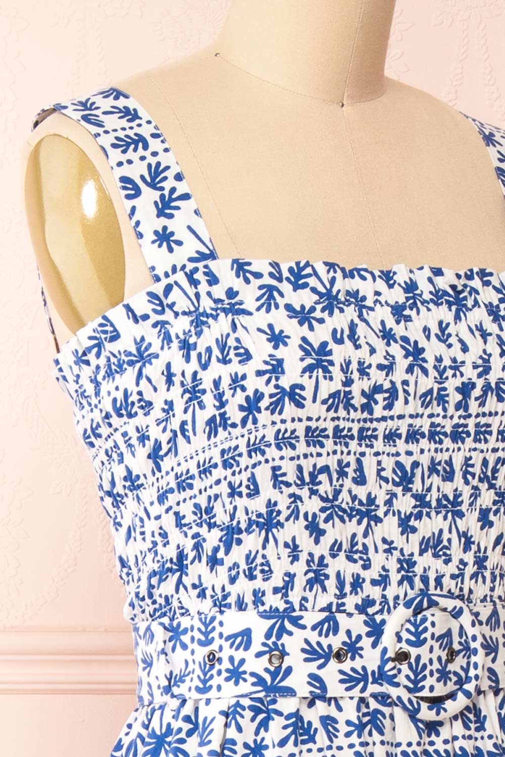 Orbis Midi Patterned Blue Dress w/ Ruched Bust | Boutique 1861 side close-up