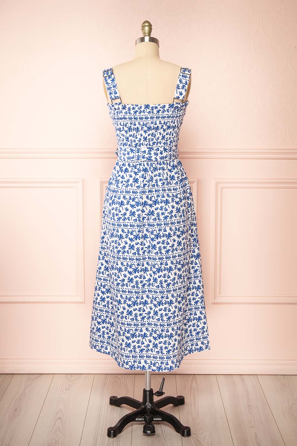 Orbis Midi Patterned Blue Dress w/ Ruched Bust | Boutique 1861 back view