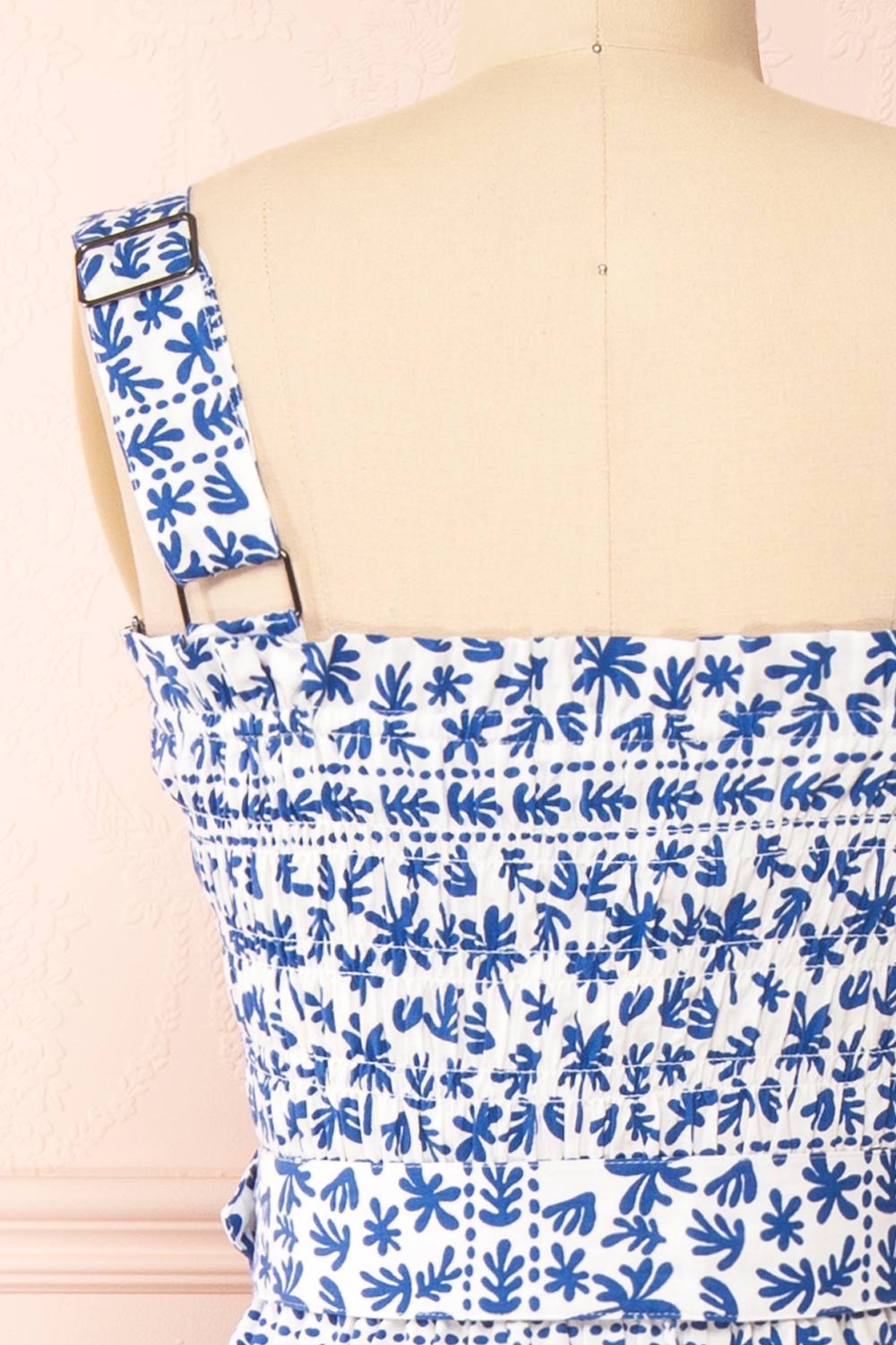 Orbis Midi Patterned Blue Dress w/ Ruched Bust | Boutique 1861 back close-up