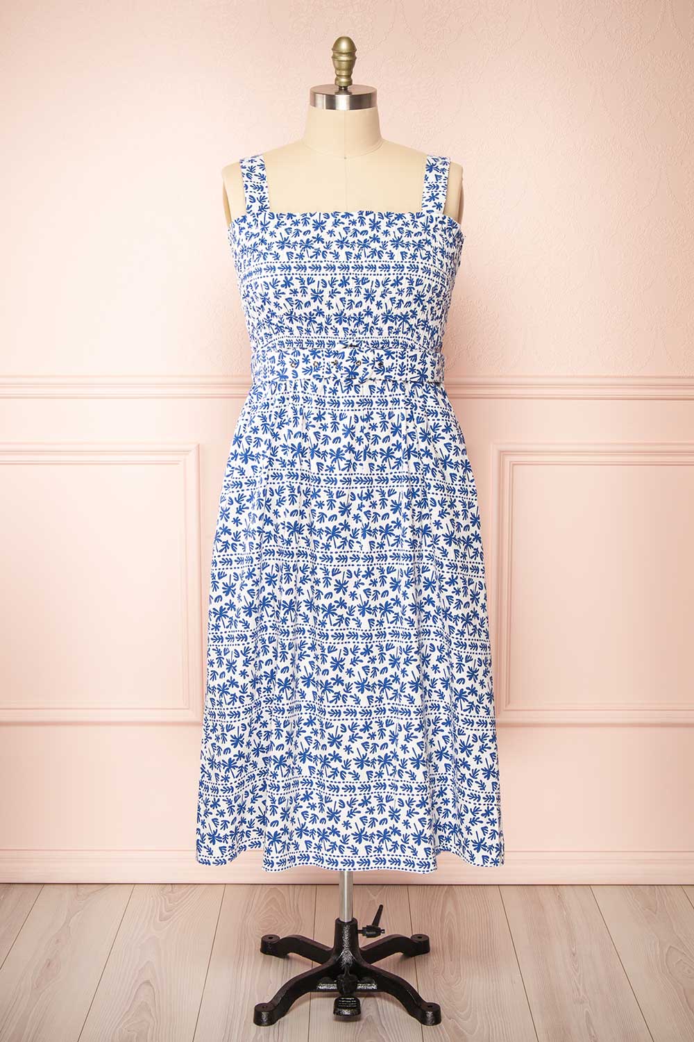  Orbis Midi Patterned Blue Dress w/ Ruched Bust | Boutique 1861 front plus size