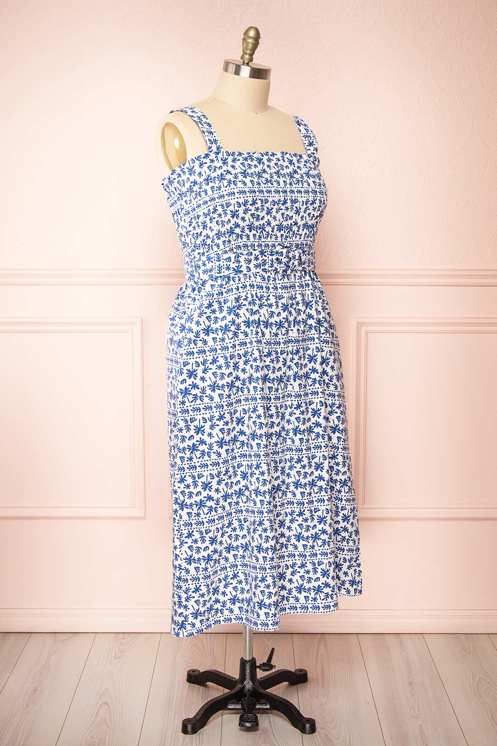  Orbis Midi Patterned Blue Dress w/ Ruched Bust | Boutique 1861 side plus  size