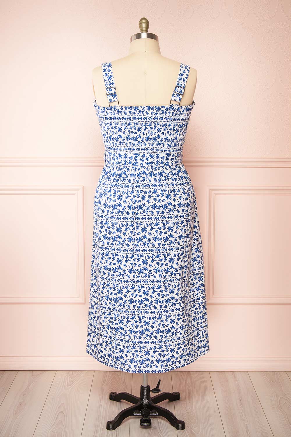  Orbis Midi Patterned Blue Dress w/ Ruched Bust | Boutique 1861 back plus size