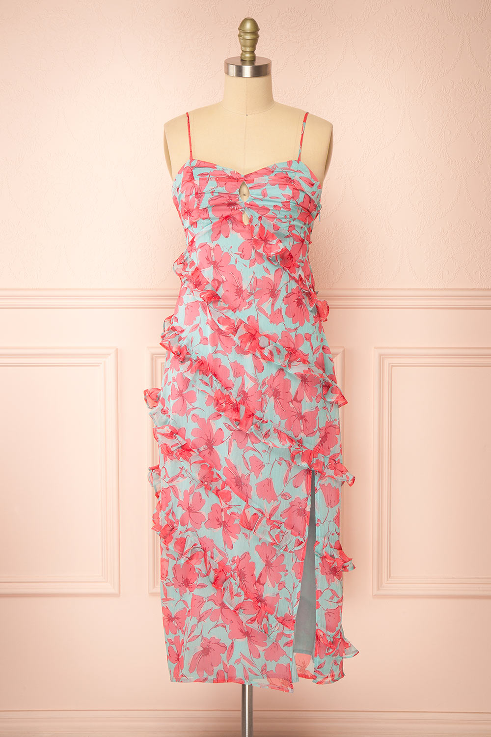 Orleana Midi Floral Dress w/ Rows of Ruffles | Boutique 1861 front view