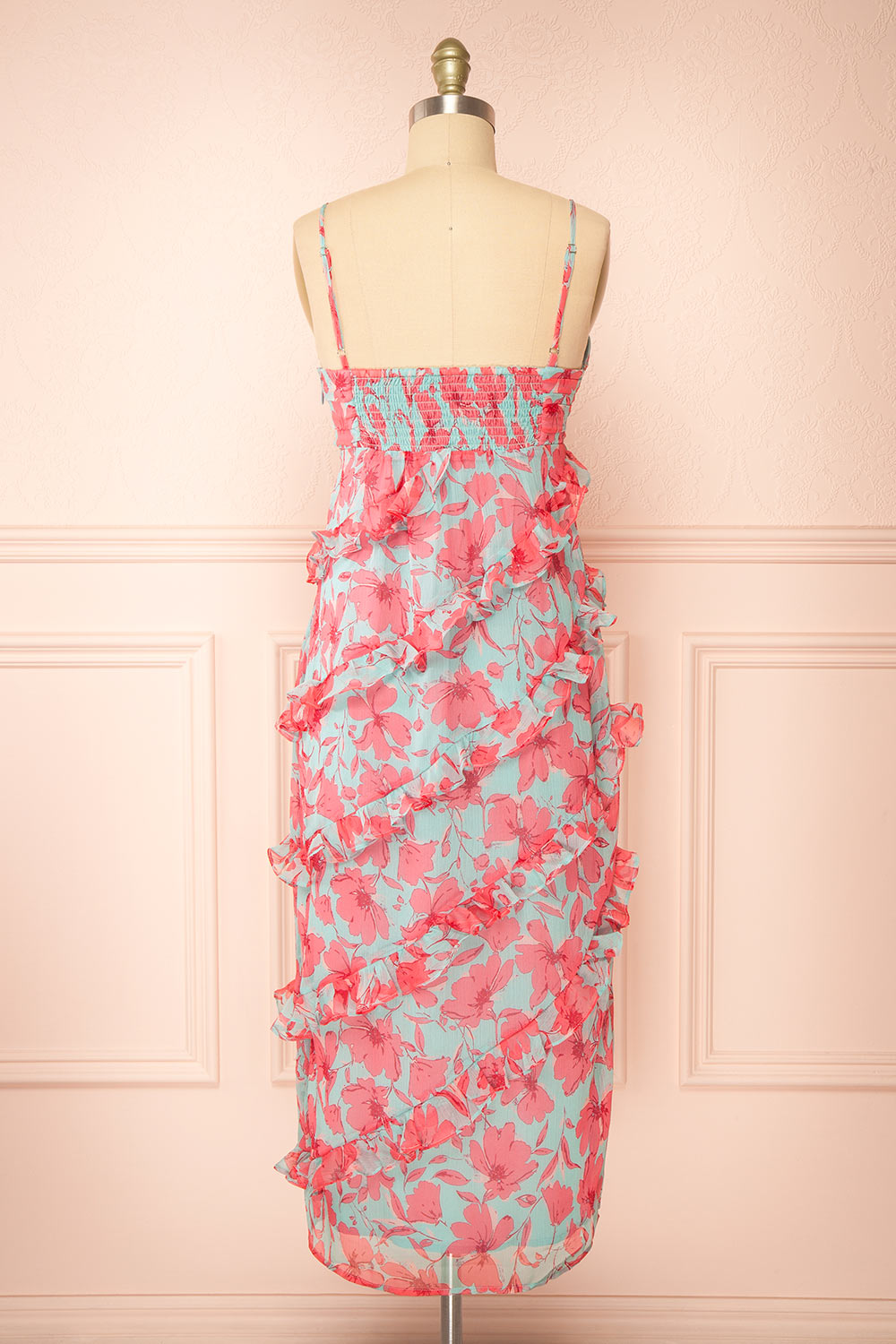 Orleana Midi Floral Dress w/ Rows of Ruffles | Boutique 1861 back view