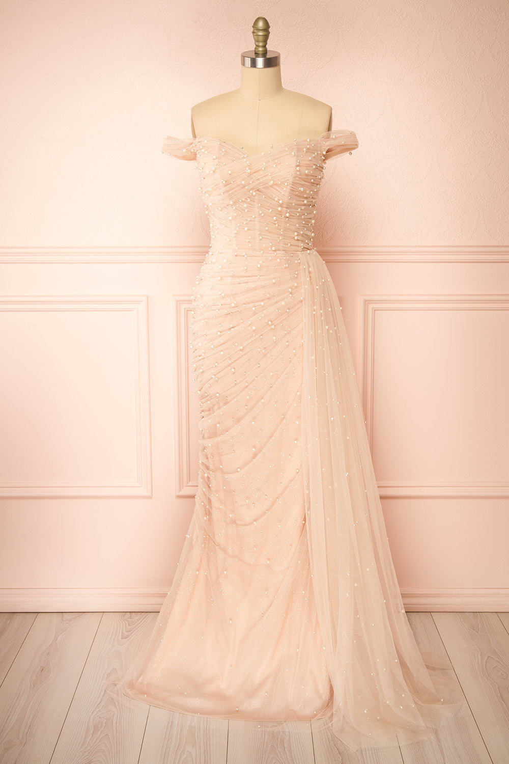 Orphee Pink Pleated Gown w/ Pearls & Cape | Boudoir 1861 front view