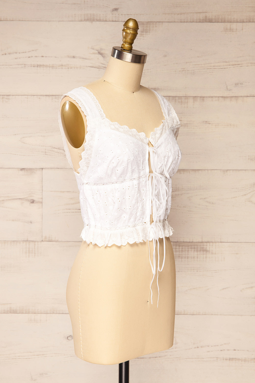Orvieto White Eyelet Front Tie Crop Top with Lace Trim | La petite garçonne side view