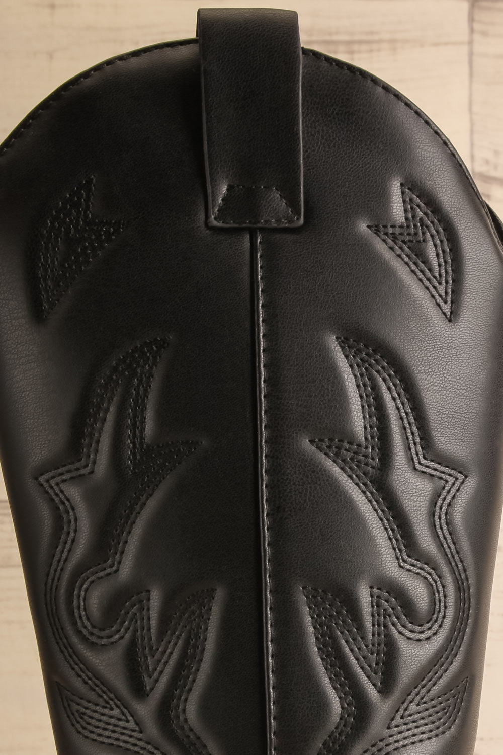 Orville Black Faux Leather Cowboy Boots | La petite garçonne side close-up