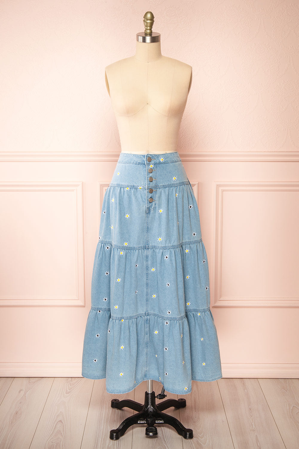 Ostap Denim Midi Skirt w/ Floral Embroidery | Boutique 1861 front view