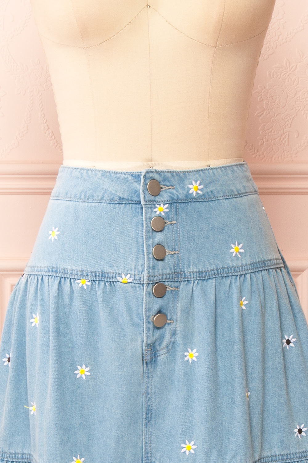 Ostap Denim Midi Skirt w/ Floral Embroidery | Boutique 1861 front close-up