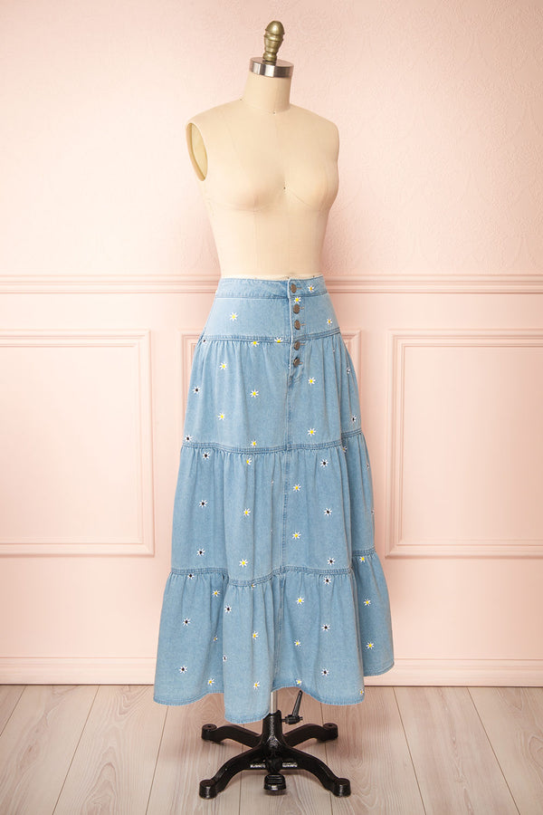 Ostap | Denim Midi Skirt w/ Floral Embroidery