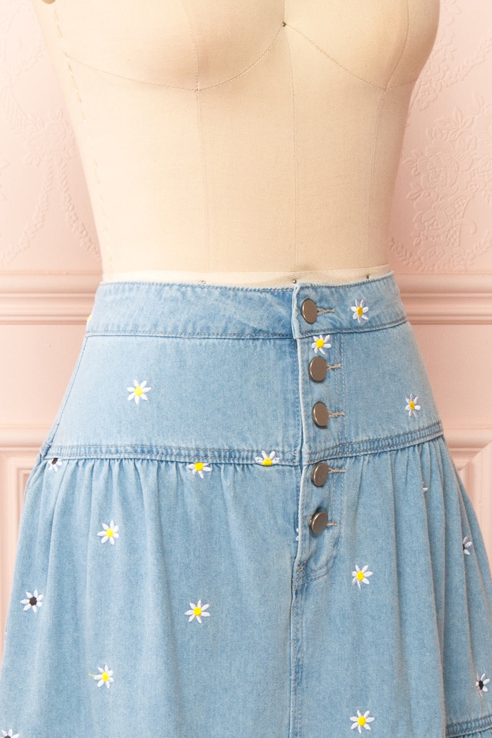 Ostap Denim Midi Skirt w/ Floral Embroidery | Boutique 1861 side close-up