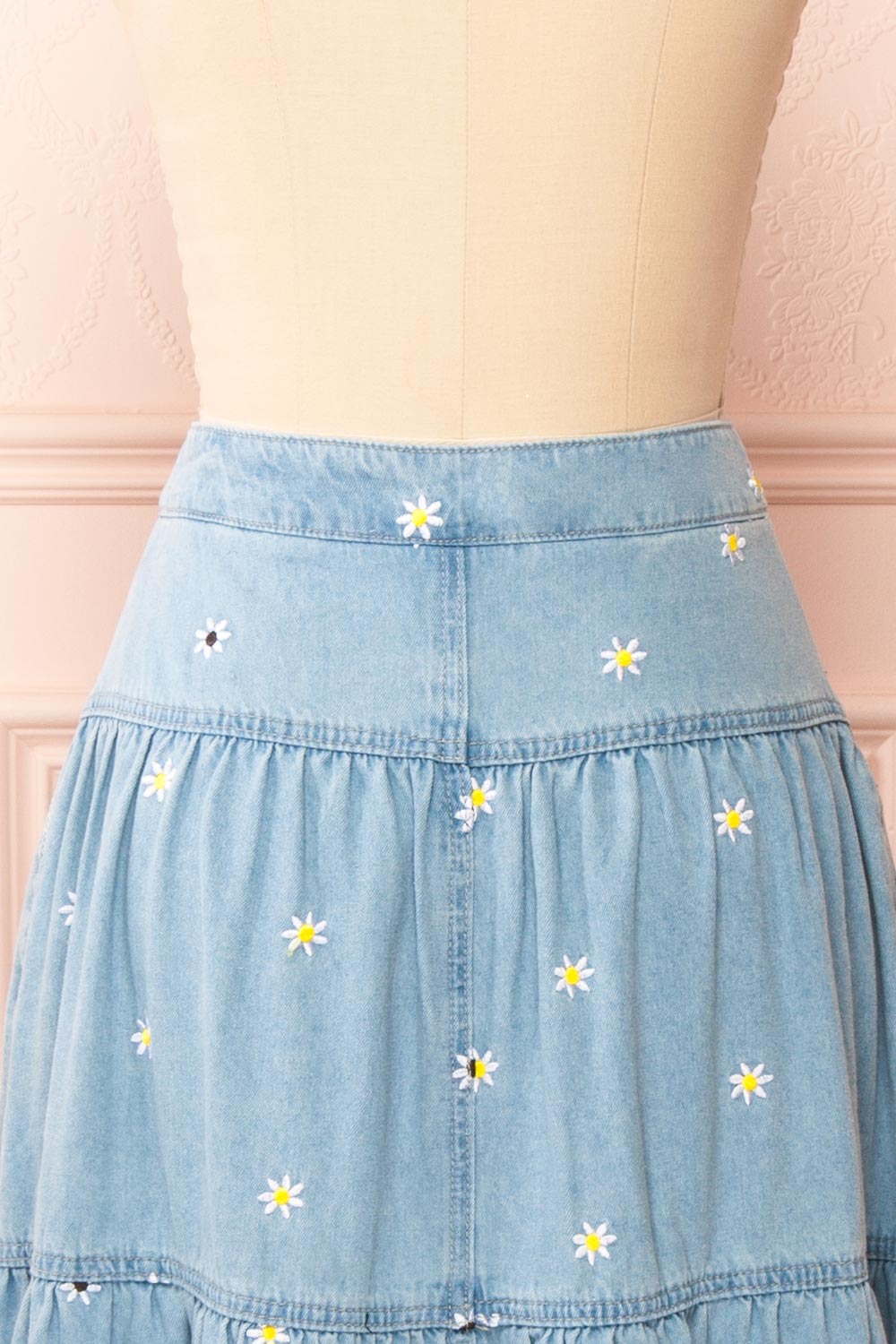 Ostap Denim Midi Skirt w/ Floral Embroidery | Boutique 1861 back close-up