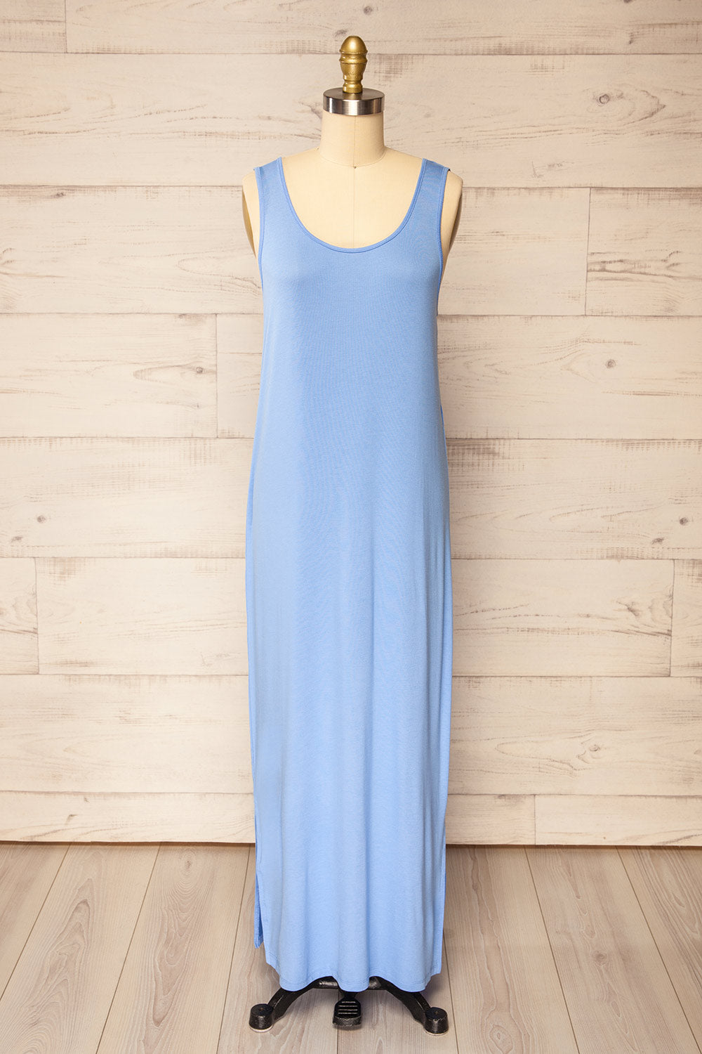Oswin Blue Straight Cut Jersey Maxi Dress | La petite garçonne front view