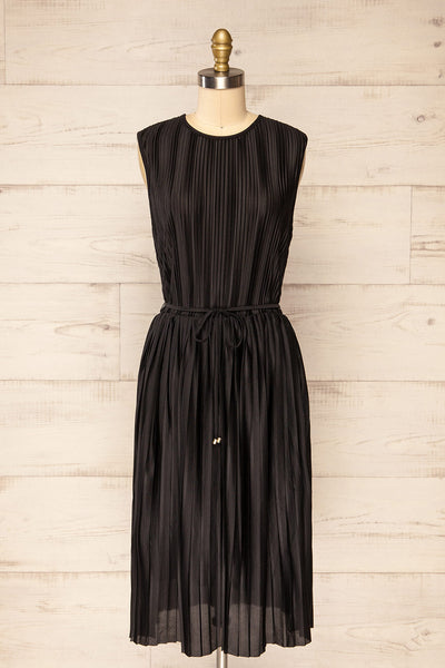 Padstow Black Sleeveless Pleated Midi Dress | La petite garçonne front view
