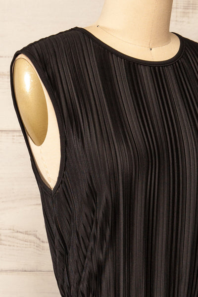 Padstow Black Sleeveless Pleated Midi Dress | La petite garçonne side close-up