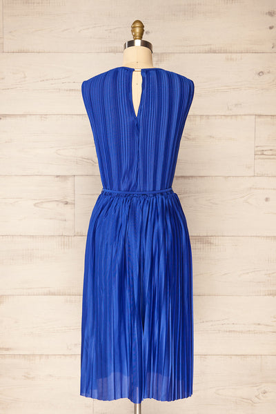 Padstow Blue Sleeveless Pleated Midi Dress | La petite garçonne back view