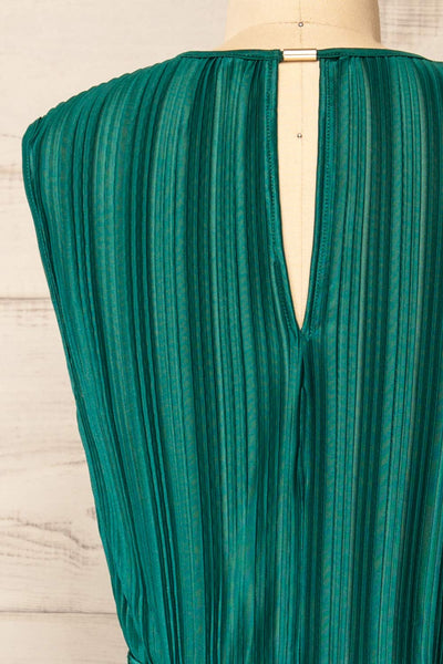 Padstow Green Sleeveless Pleated Midi Dress | La petite garçonne back close-up