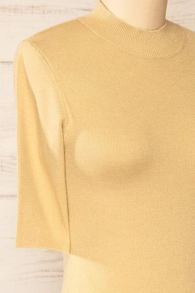 Palermo Beige Short Sleeve Mock Neck Top | La petite garçonne  side close-up