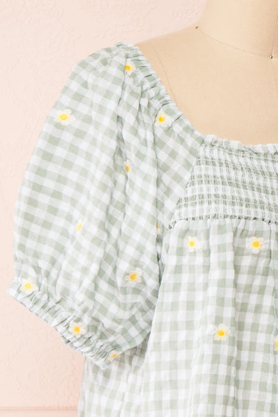 Paloma Green Gingham Top w/ Floral Embroidery | Boutique 1861side close-up