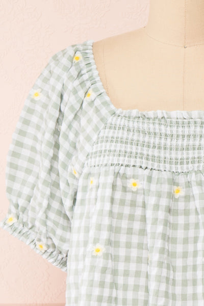 Paloma Green Gingham Top w/ Floral Embroidery | Boutique 1861 front close-up