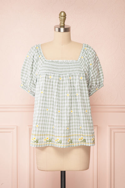 Paloma Green Gingham Top w/ Floral Embroidery | Boutique 1861 front view